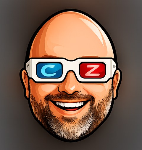 CZVegas cartoon logo: Mike Czmil wearing 3D glasses with C and Z lenses